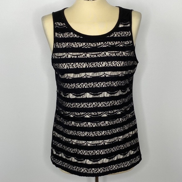 Ann Taylor Loft Black and Cream Lace Front Top - Picture 1 of 6